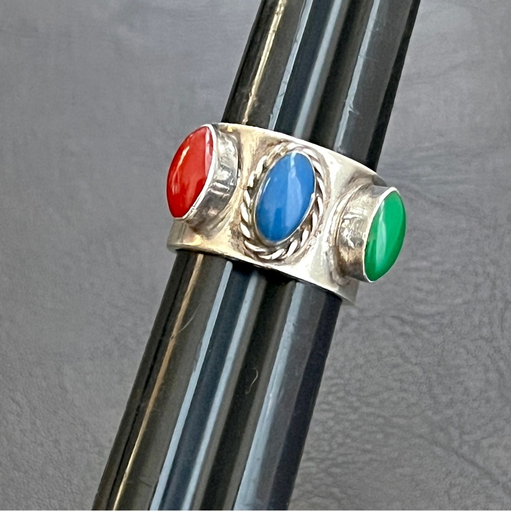 Vintage Taxco Mexico sterling silver multi stone chunky ring - Picture 5 of 11